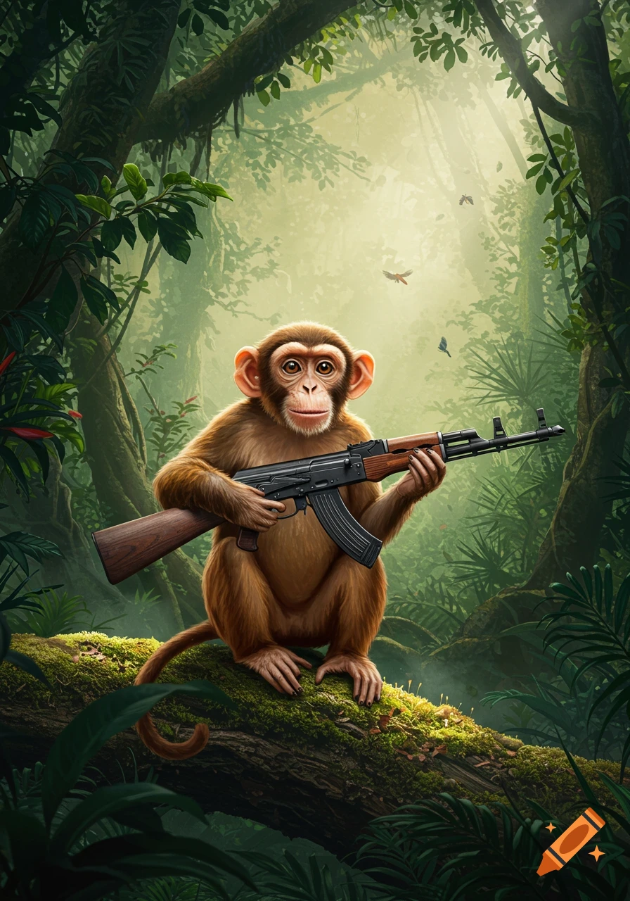 A cartoonish monkey sits on a mossy log in a vibrant jungle, holding an AK-47 rifle.