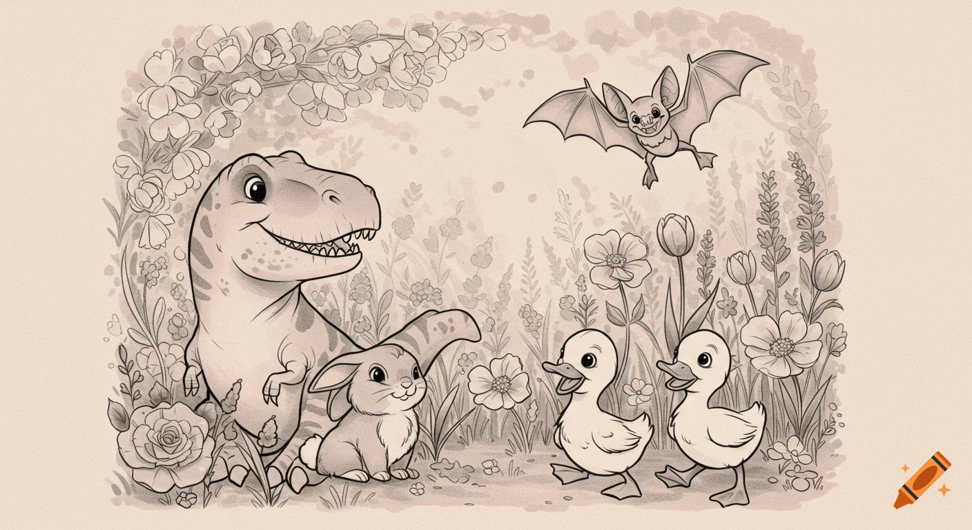 Cartoon black and white illustration of a happy T-Rex, bunny, bat, and two ducklings in a whimsical flower meadow.