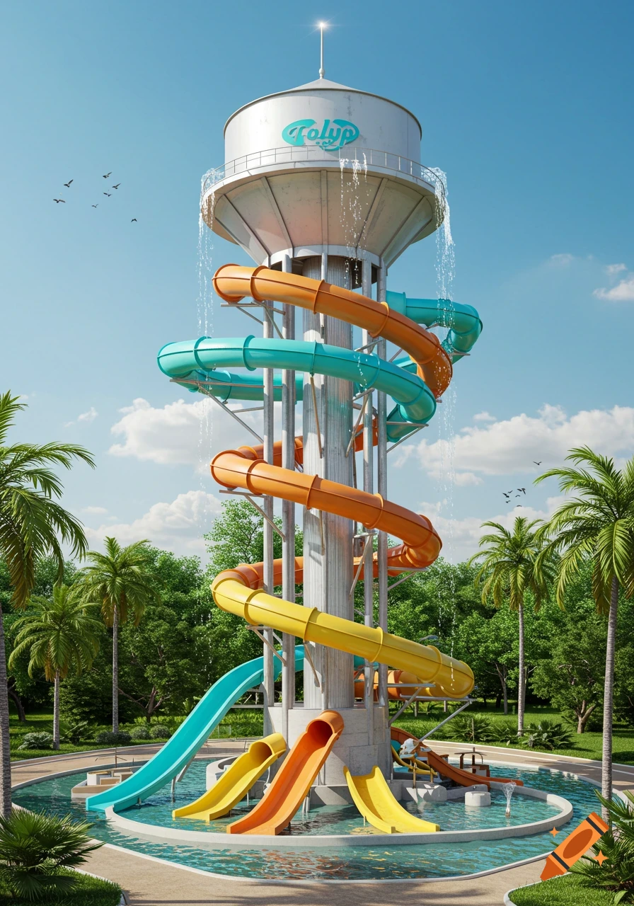 Photorealistic image of a tall water tower with colorful spiral water slides surrounded by palm trees under a blue sky.