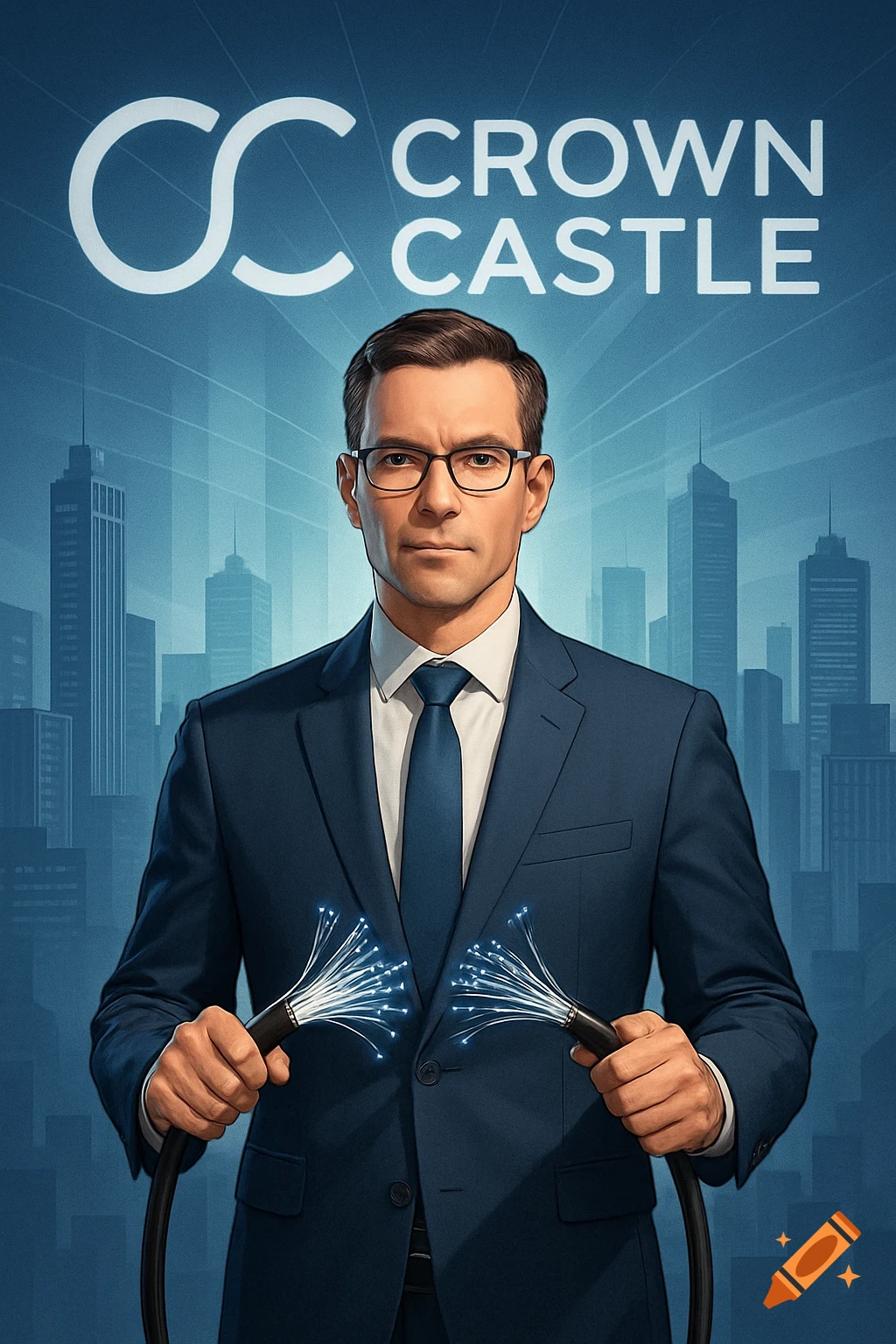 A man in a suit and glasses holds glowing fiber optic cables, standing before a blue city skyline with a large "CROWN CASTLE" logo.