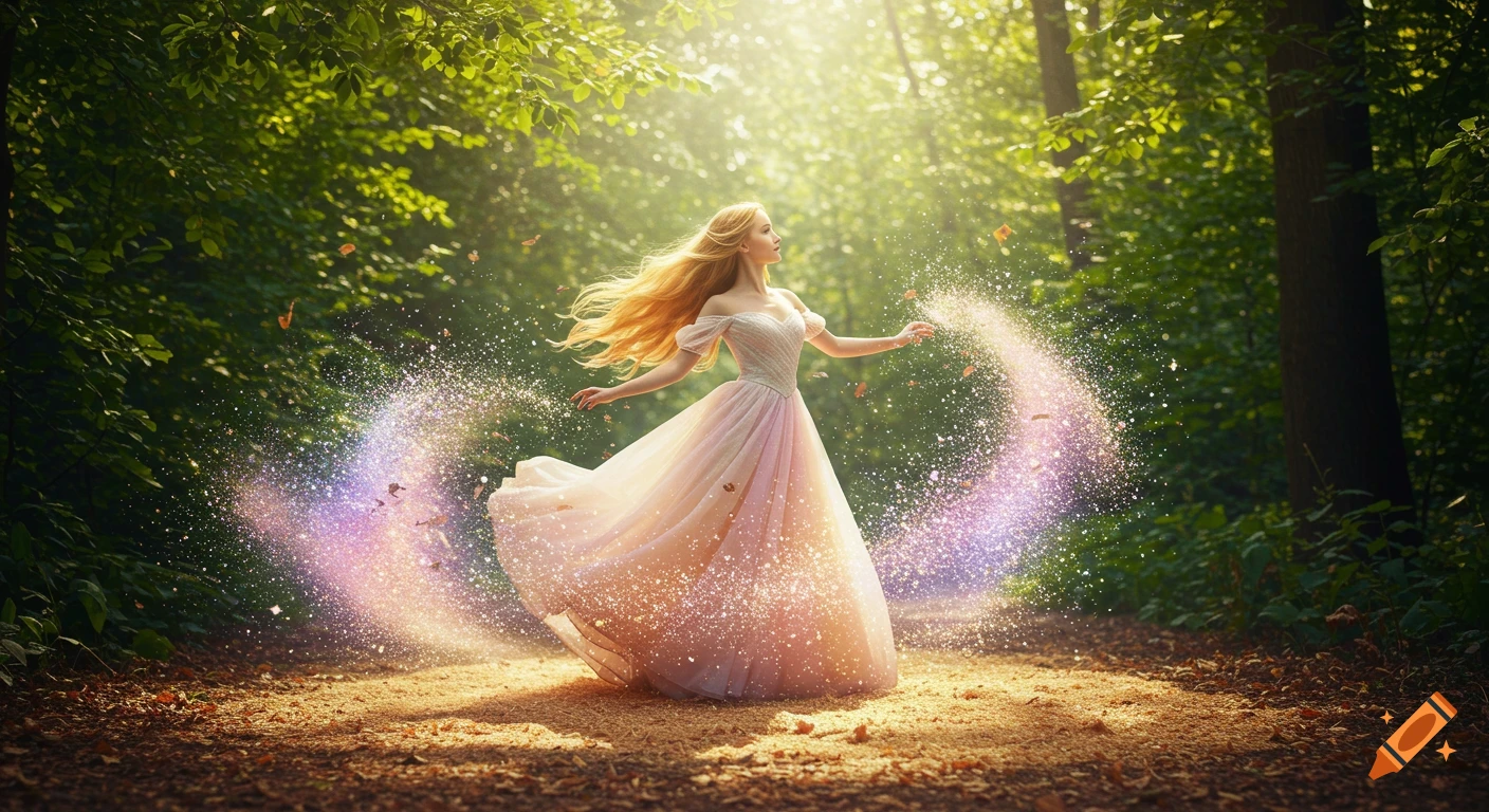 A beautiful woman with long blonde hair in a flowing pink dress stands in a sunlit forest, surrounded by sparkling magical dust.
