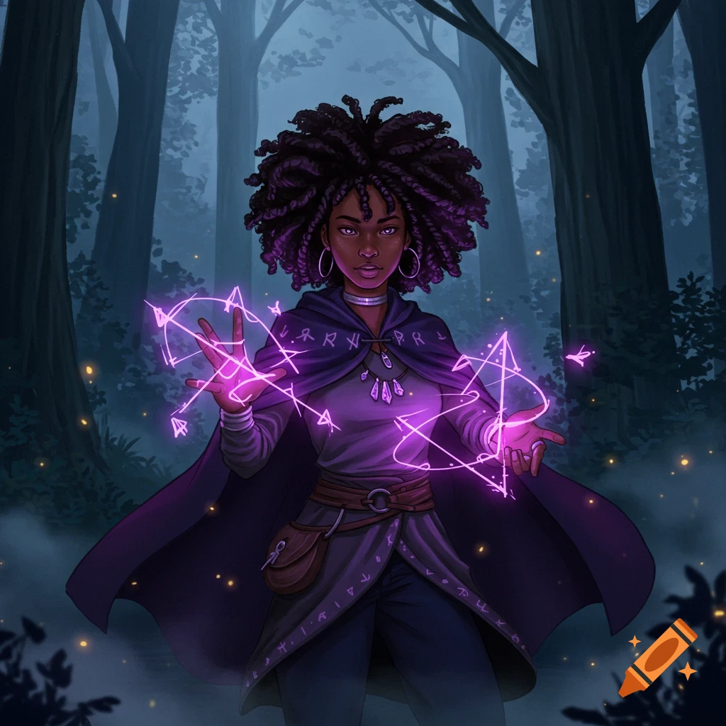 A dark-skinned teen witch with braided hair casts purple magic in a misty forest, wearing a cloak adorned with runes.
