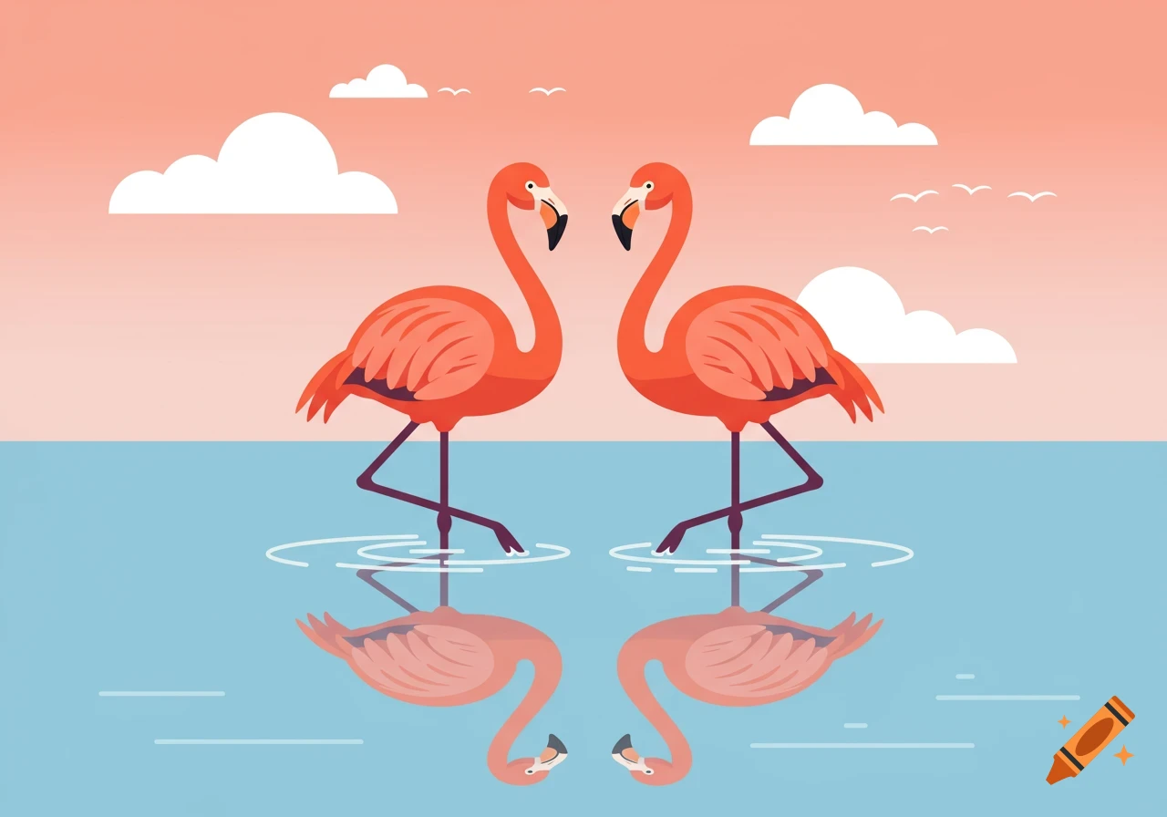 Two pink flamingos stand in blue water, their reflections visible, under a peach sky with white clouds, in a simple vector art style.