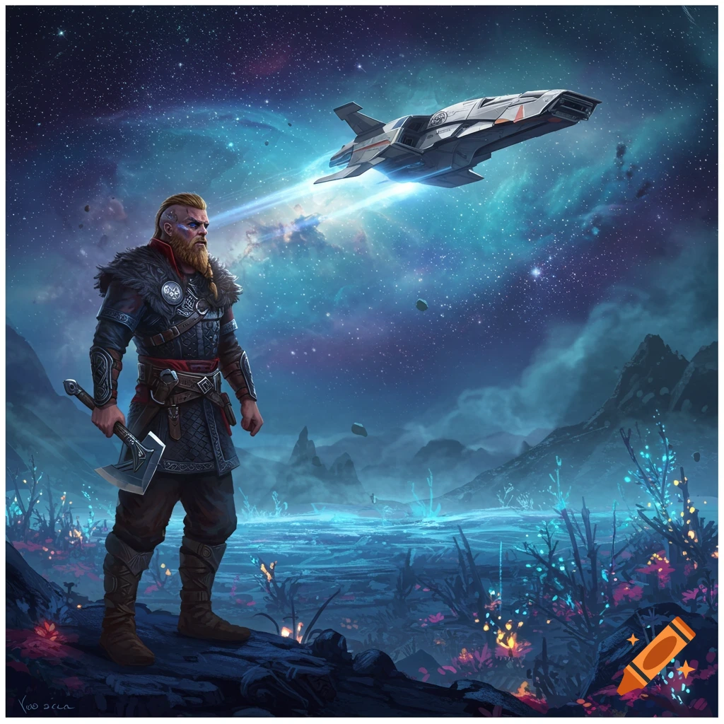 A Viking-like man with an axe stands on an alien planet under a starry sky, a futuristic spaceship flies above.