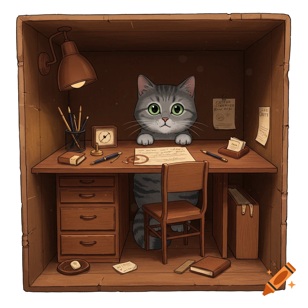 A cute tabby cat looks out from behind a desk set up inside a cardboard box, in a cartoon illustration style.