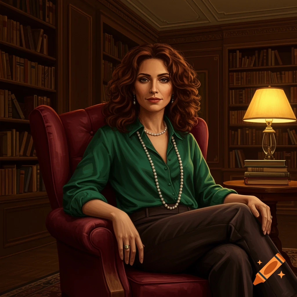 A photorealistic portrait of a woman with curly brown hair in a green shirt and pearls, sitting in a red armchair in a library.