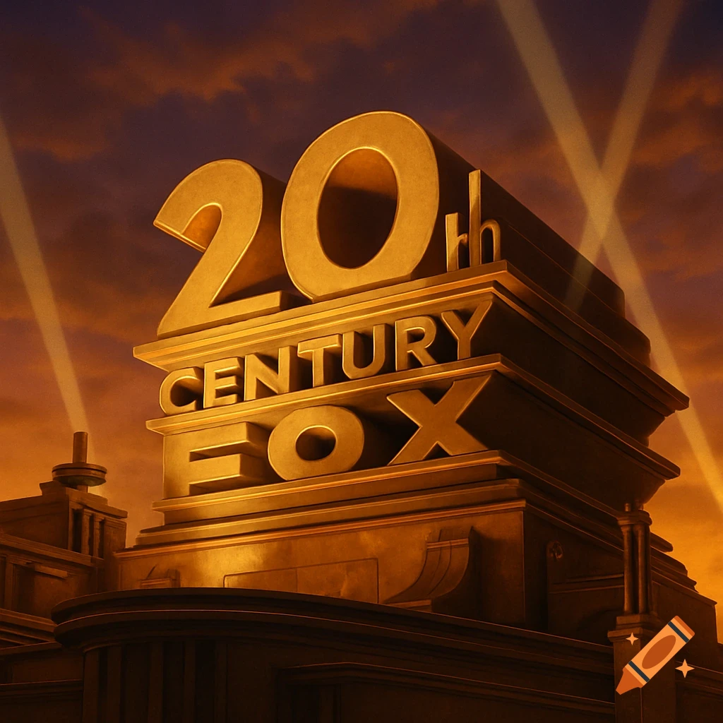 The iconic 20th Century Fox logo, a large golden structure with spotlights against an orange and purple sky.