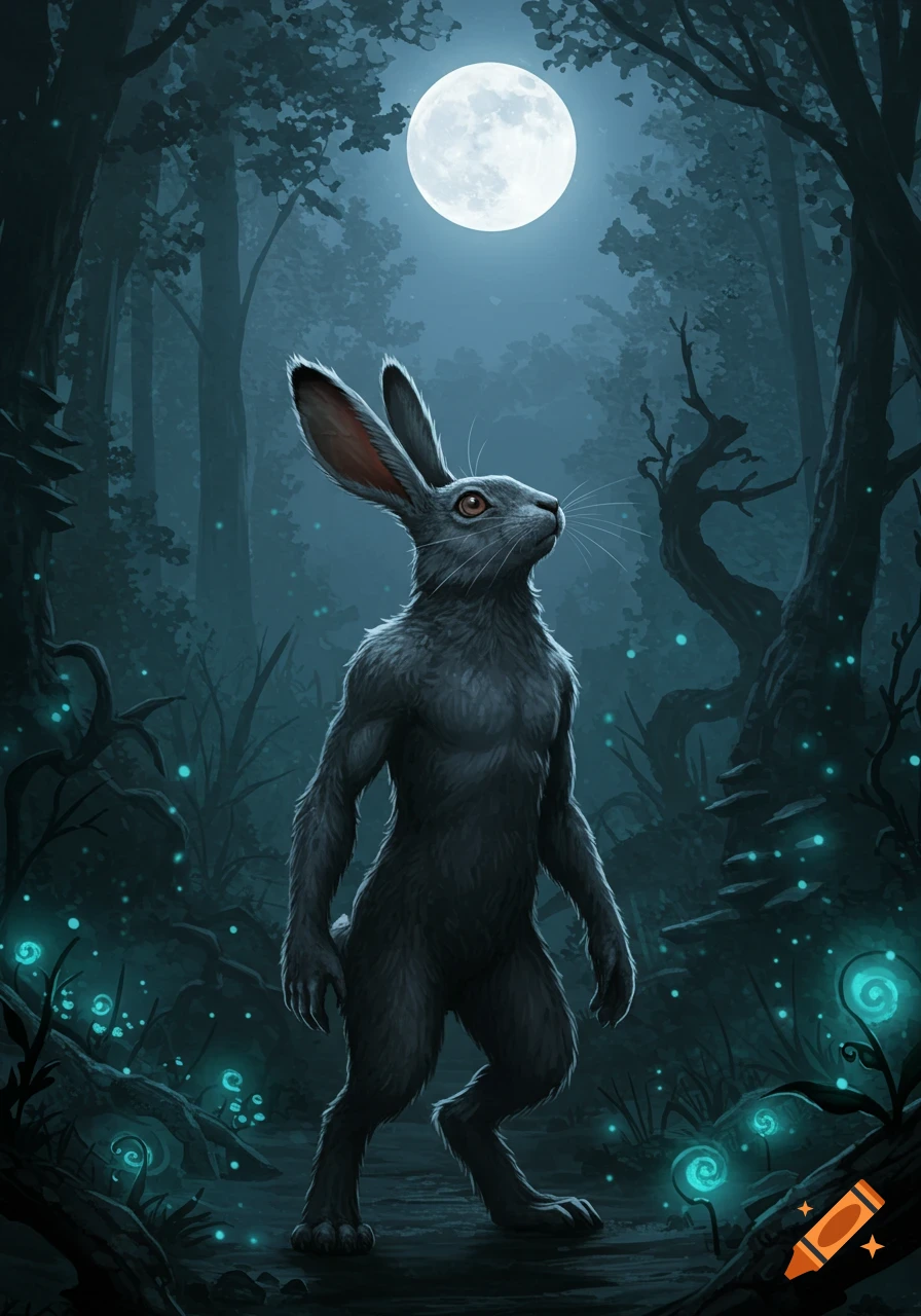 A powerful wererabbit stands in a dark, glowing forest, looking up at a bright full moon.