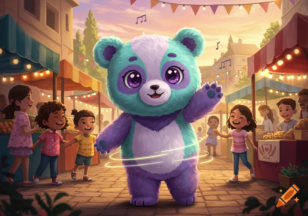 A fluffy blue and purple bear mascot waves at smiling children in a sunny outdoor market with stalls and festive decorations.