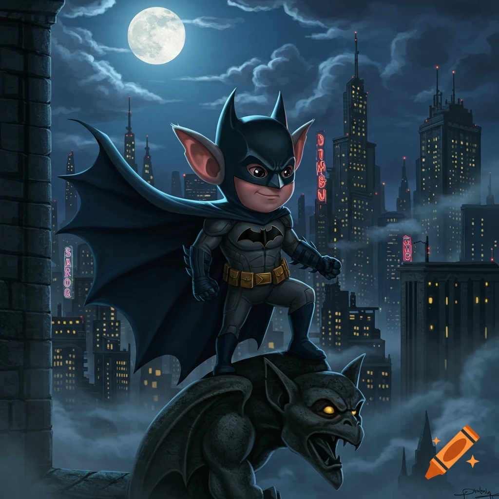 A chibi Batman-like character with large ears stands on a gargoyle on a Gotham City rooftop at night under a full moon.