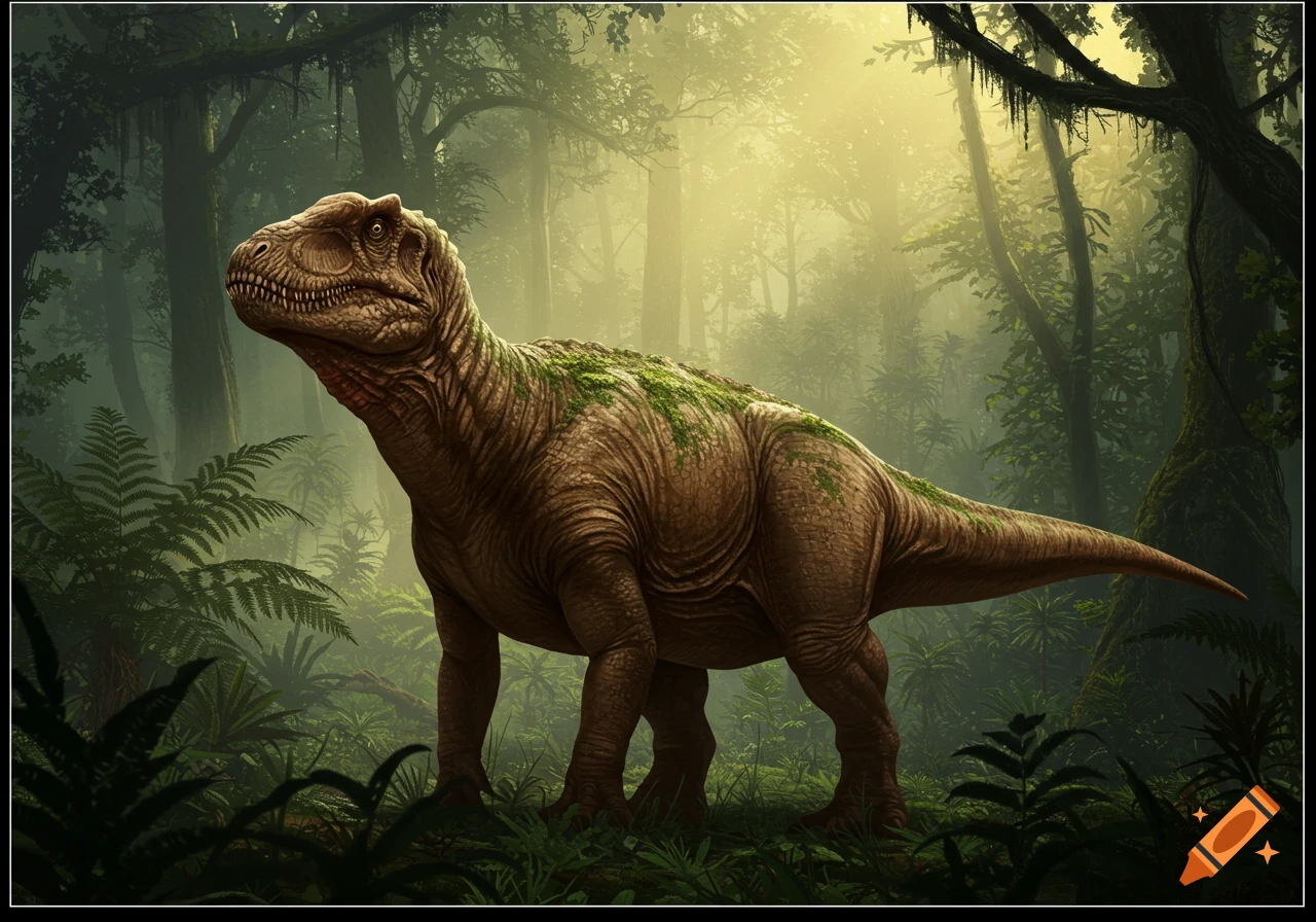 A large, brown, moss-covered dinosaur stands in a lush, misty jungle at sunrise, looking upwards.