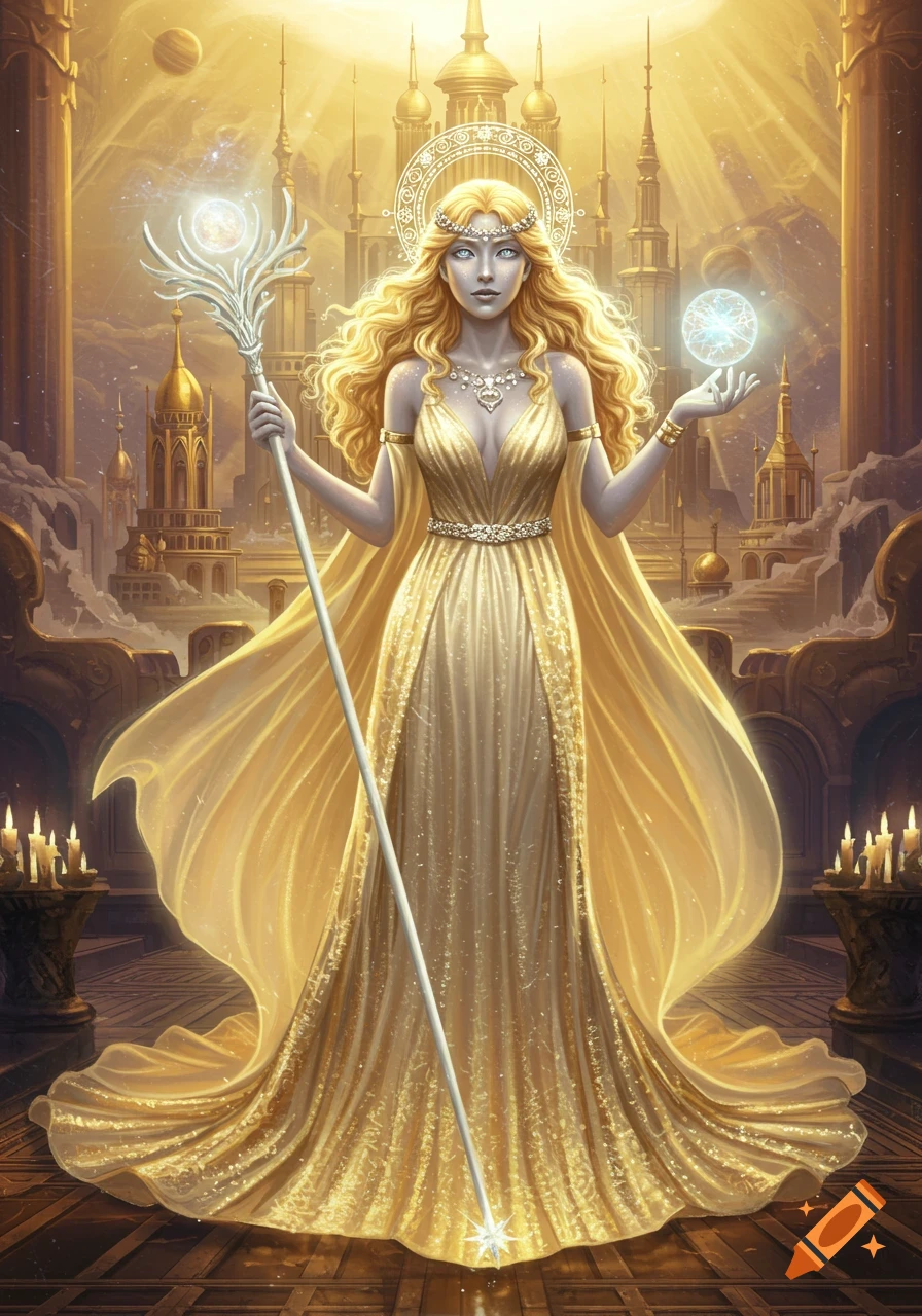 A radiant blonde goddess in a golden gown holds a scepter and glowing orb, standing before a majestic golden fantasy palace.