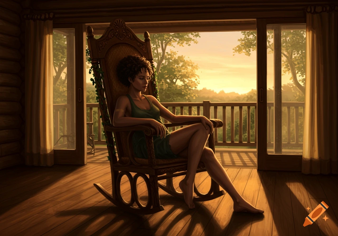 A woman with curly hair sits in a large rocking chair inside a rustic cabin, looking out at a sunset over a forested landscape.