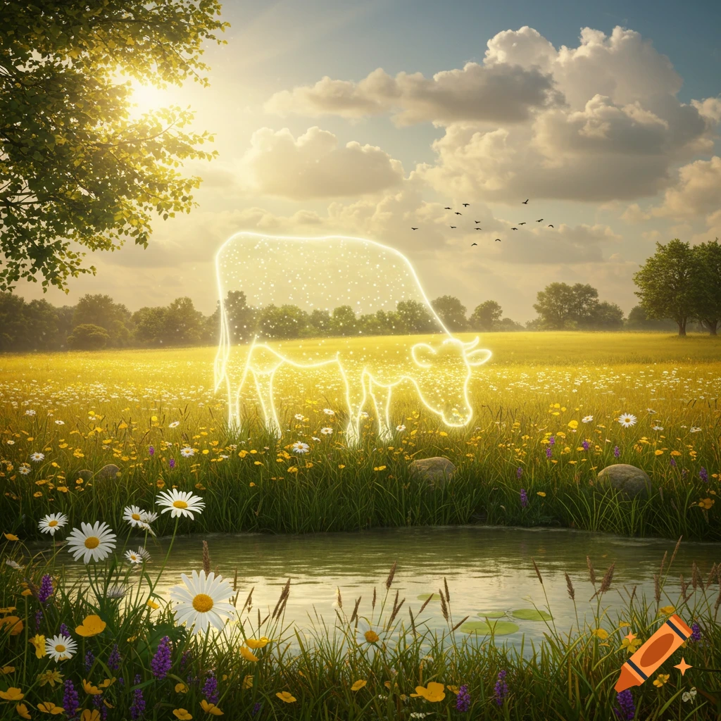 A luminous, glowing cow stands in a sunlit field with wildflowers and a river, under a partly cloudy sky.