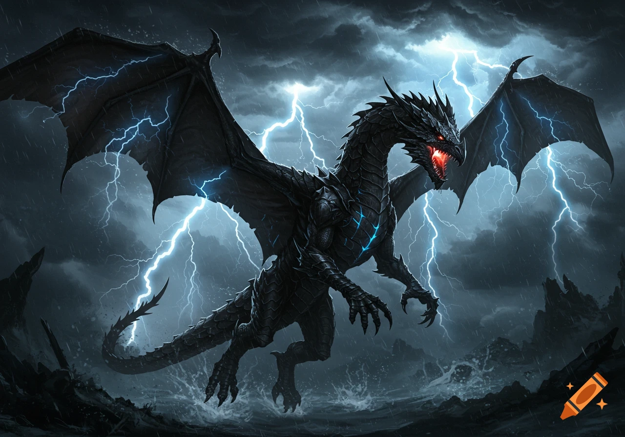 A black dragon with glowing red eyes flies through a dark storm with bright lightning bolts over rough seas.