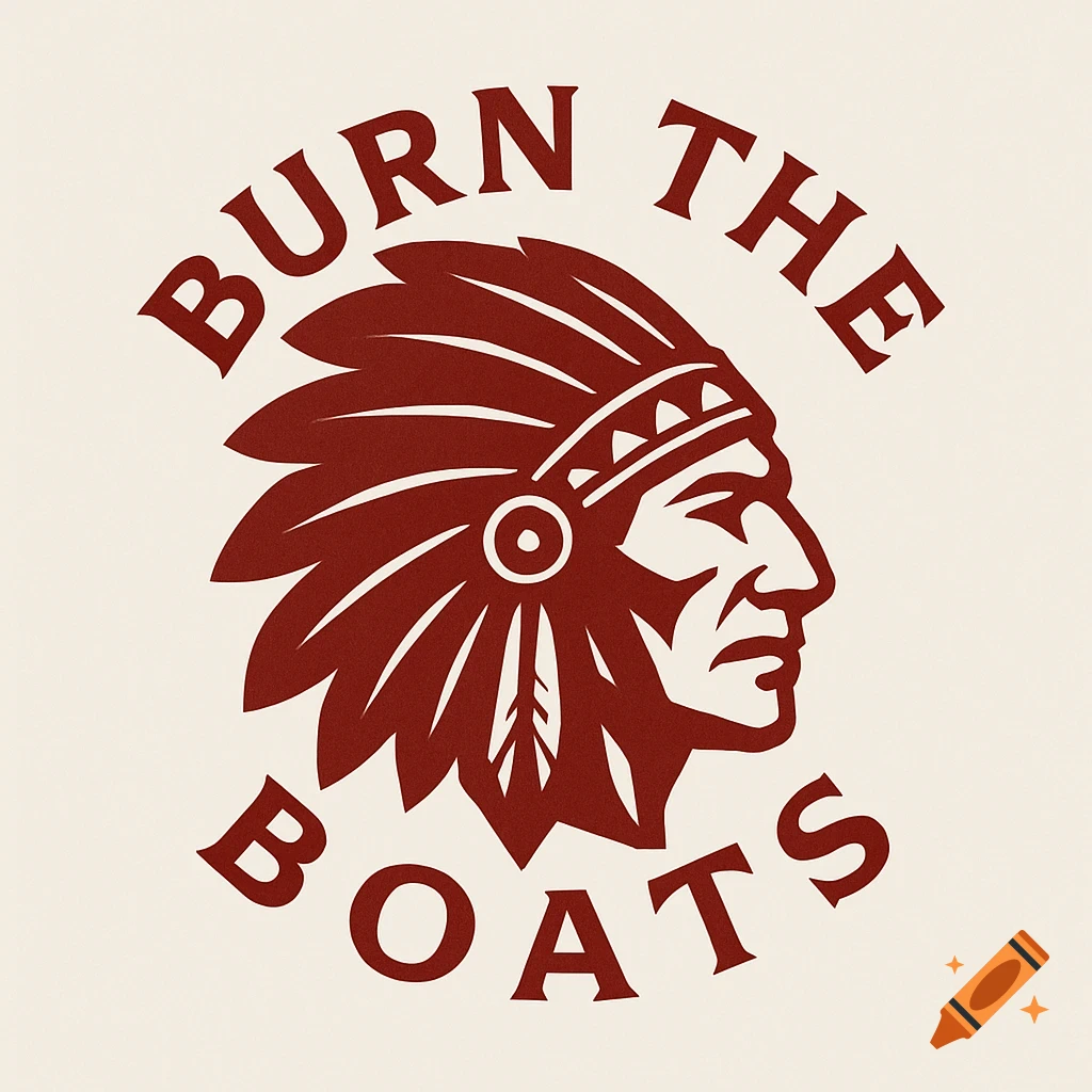A red logo of a Native American chief's profile in a feathered headdress, with the words 'BURN THE BOATS' arced around it.