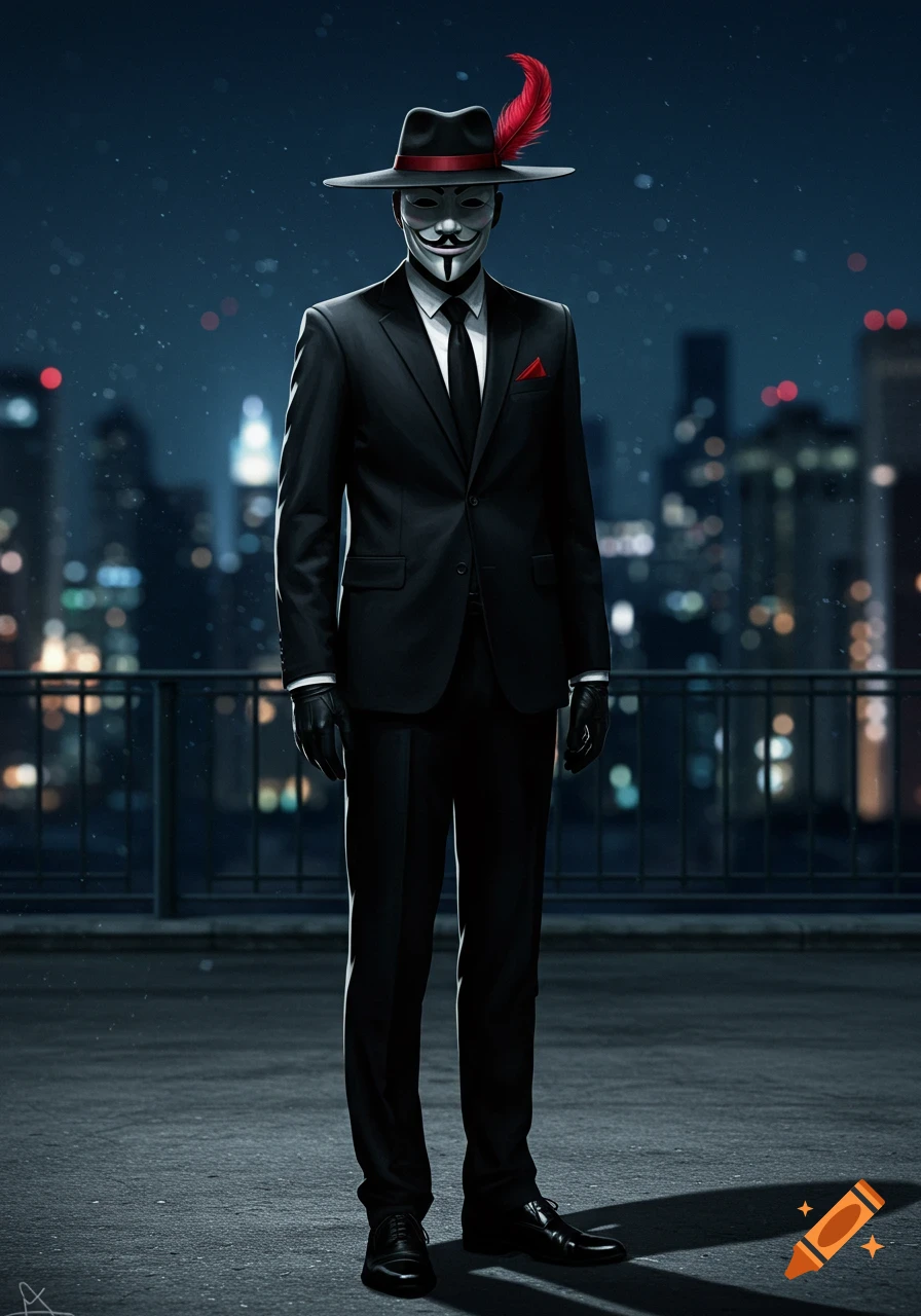 A tall man in a black suit, Guy Fawkes mask, and fedora with a red feather stands on a dark city rooftop at night.