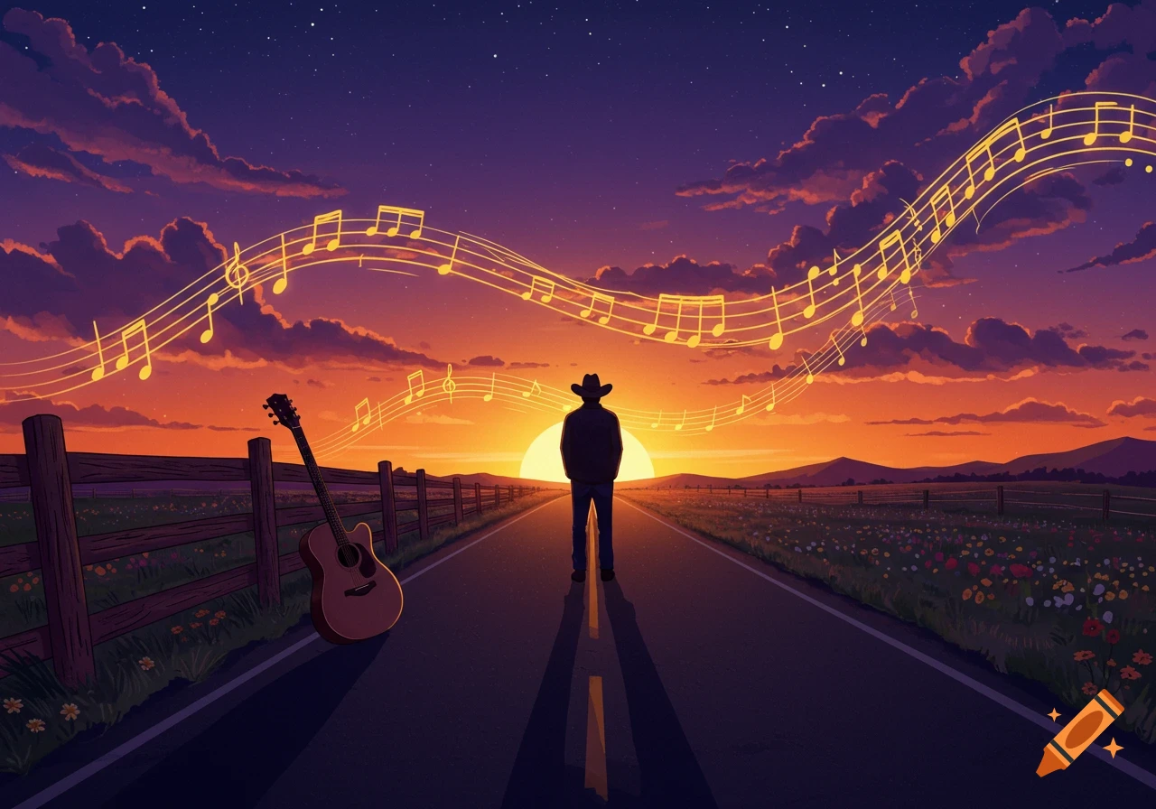 A lone cowboy stands on a road at sunset, with a guitar and musical notes floating in the sky, in an illustrative style.