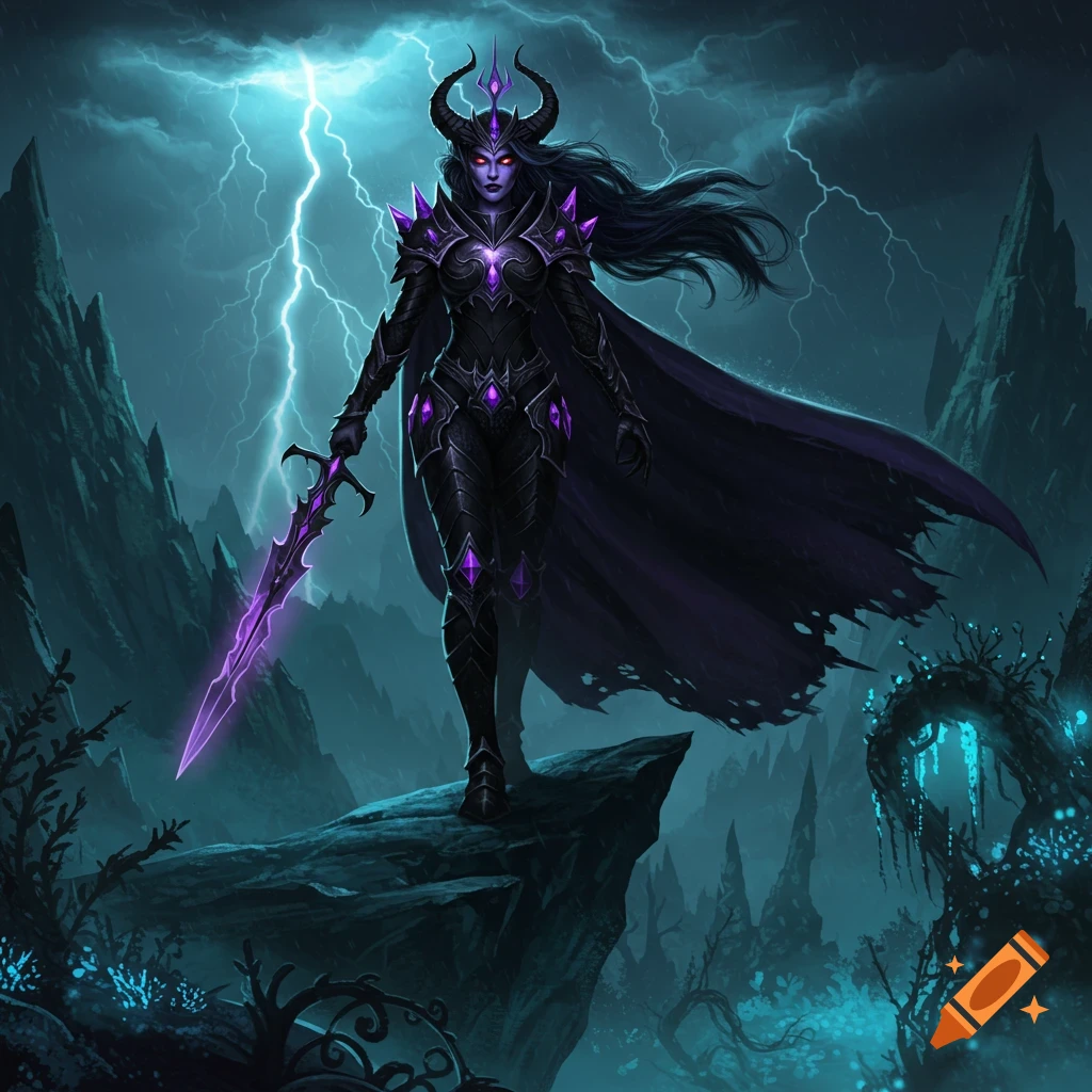 A horned villainess with purple skin and black armor with purple gems, holding a glowing sword, in a stormy landscape.