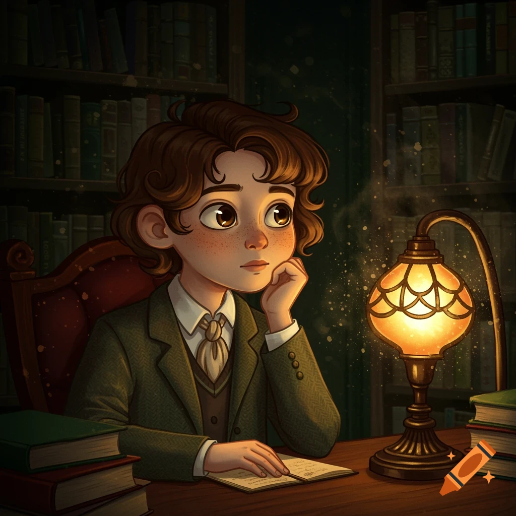 Cute dark academia illustration of a boy with curly hair and freckles writing at a desk with a glowing lamp in a library.