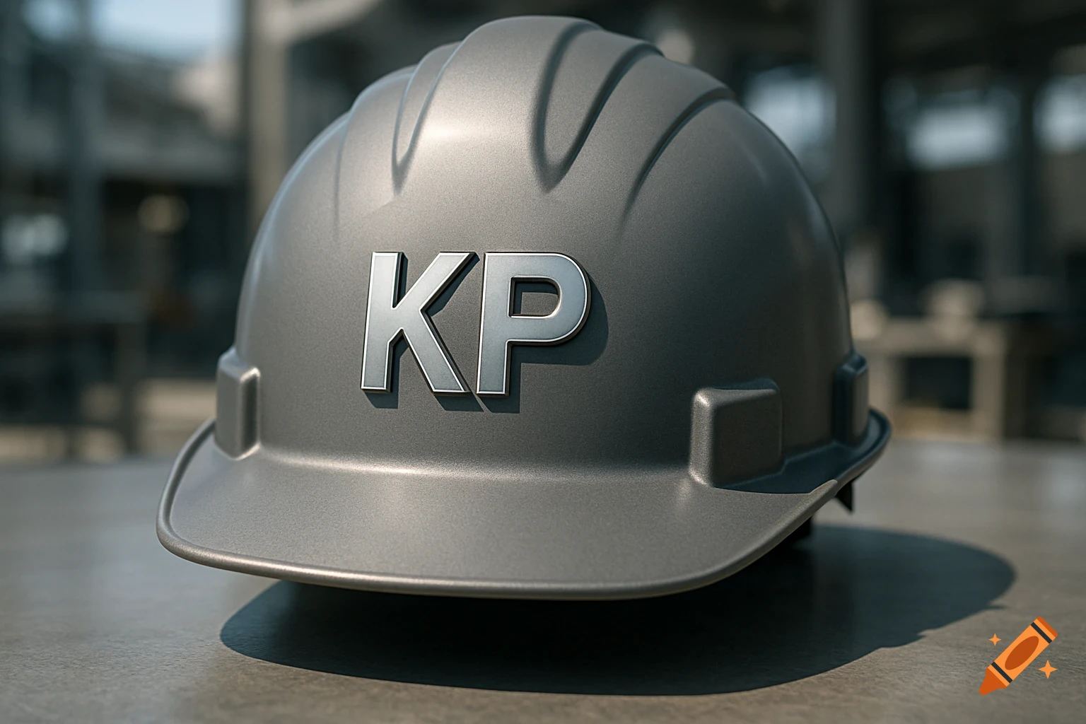 A photorealistic grey safety helmet with the letters KP on the front, resting on a textured surface.