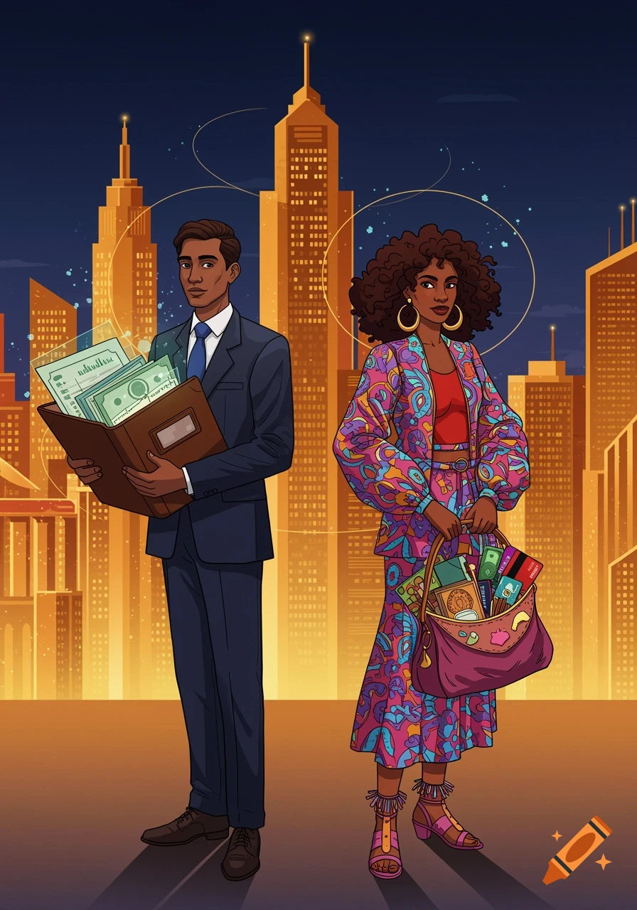 An illustration of a man in a suit holding a folder of money and documents, and a woman in a colorful patterned suit holding a bag of money and cards, standing against a golden cityscape at night.