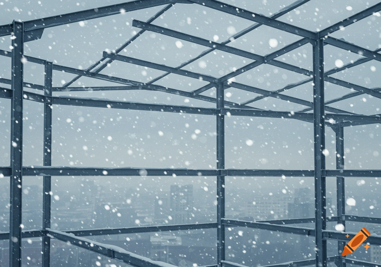 A steel building frame under construction covered in snow during a snowfall, with a city skyline in the blurry background.