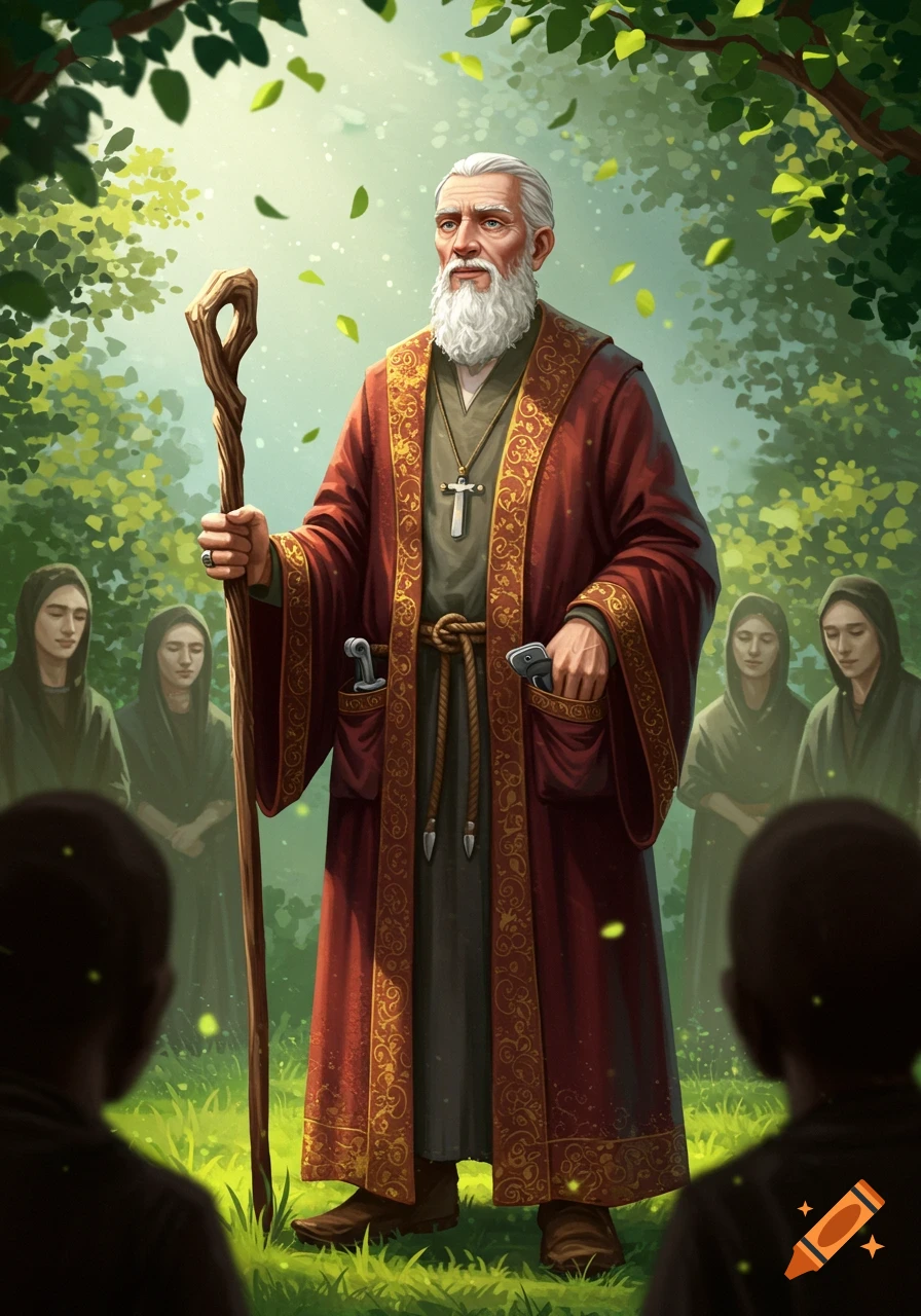 An old man in a red and gold robe with a white beard stands with a staff in a green forest, surrounded by hooded figures.