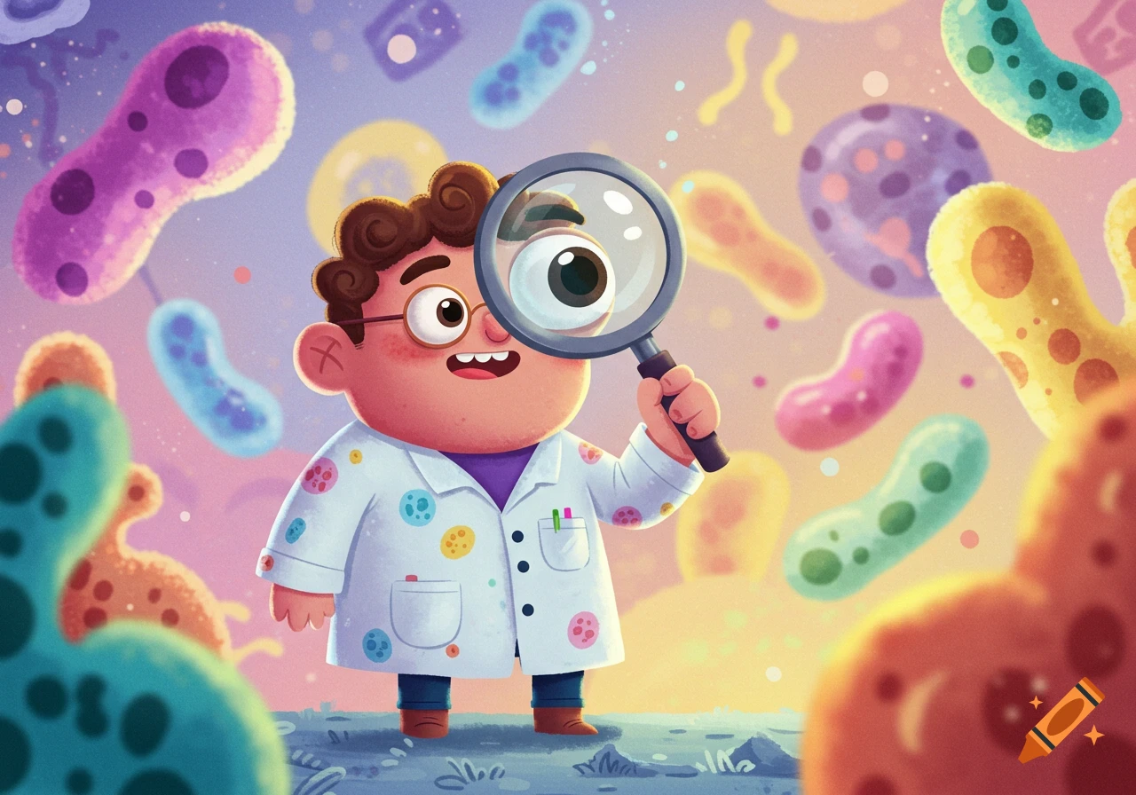 A friendly, cartoony scientist in a lab coat with colorful spots looks through a magnifying glass at colorful, abstract microorganisms floating around.