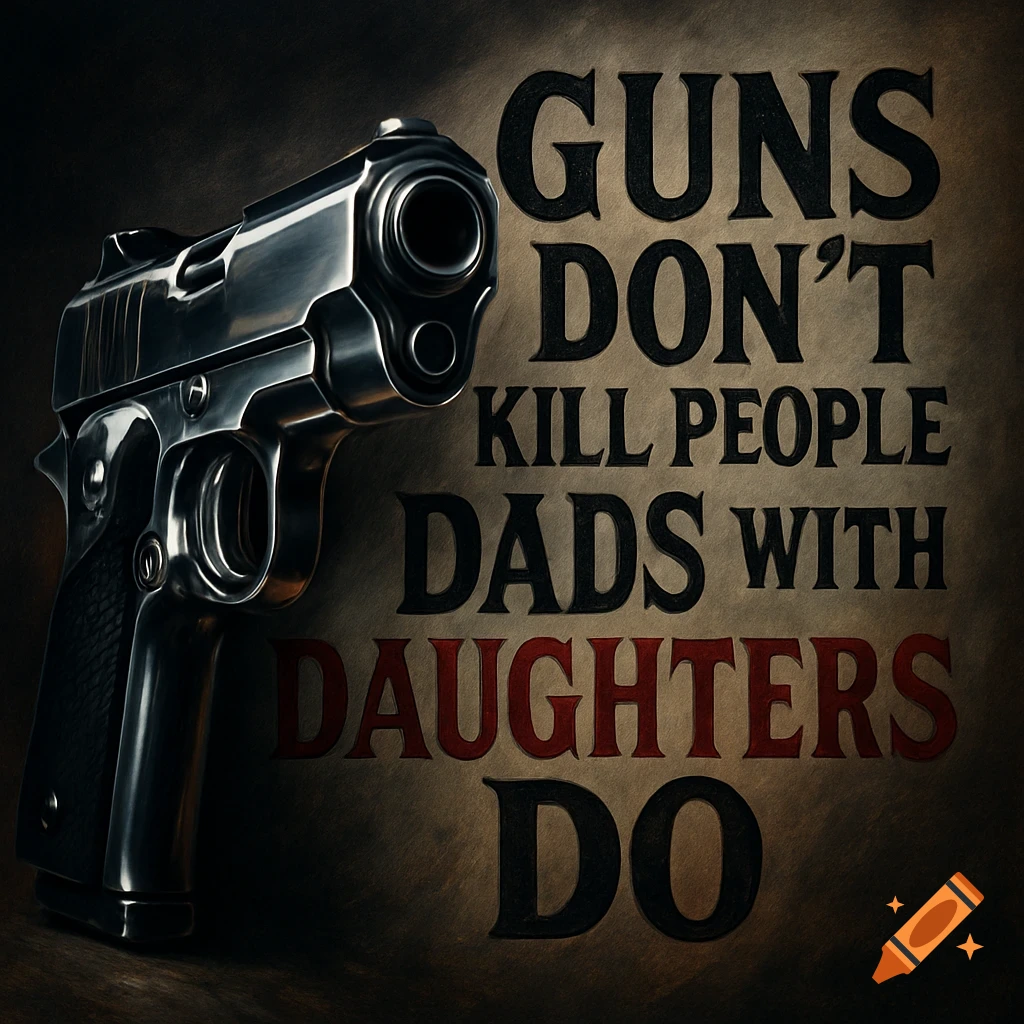 A realistic handgun stands next to the phrase 'Guns don't kill people, dads with daughters do' on a textured background.