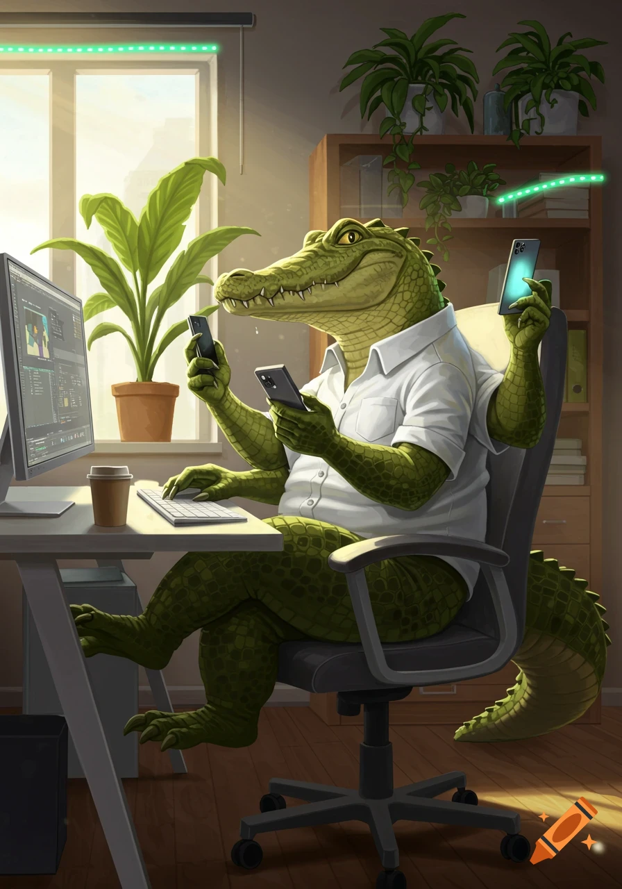 An anthropomorphic green alligator in a white shirt sits at an office desk, looking at a computer monitor and holding four smartphones. Several potted plants and a bookshelf are in the background. The style is illustrative.