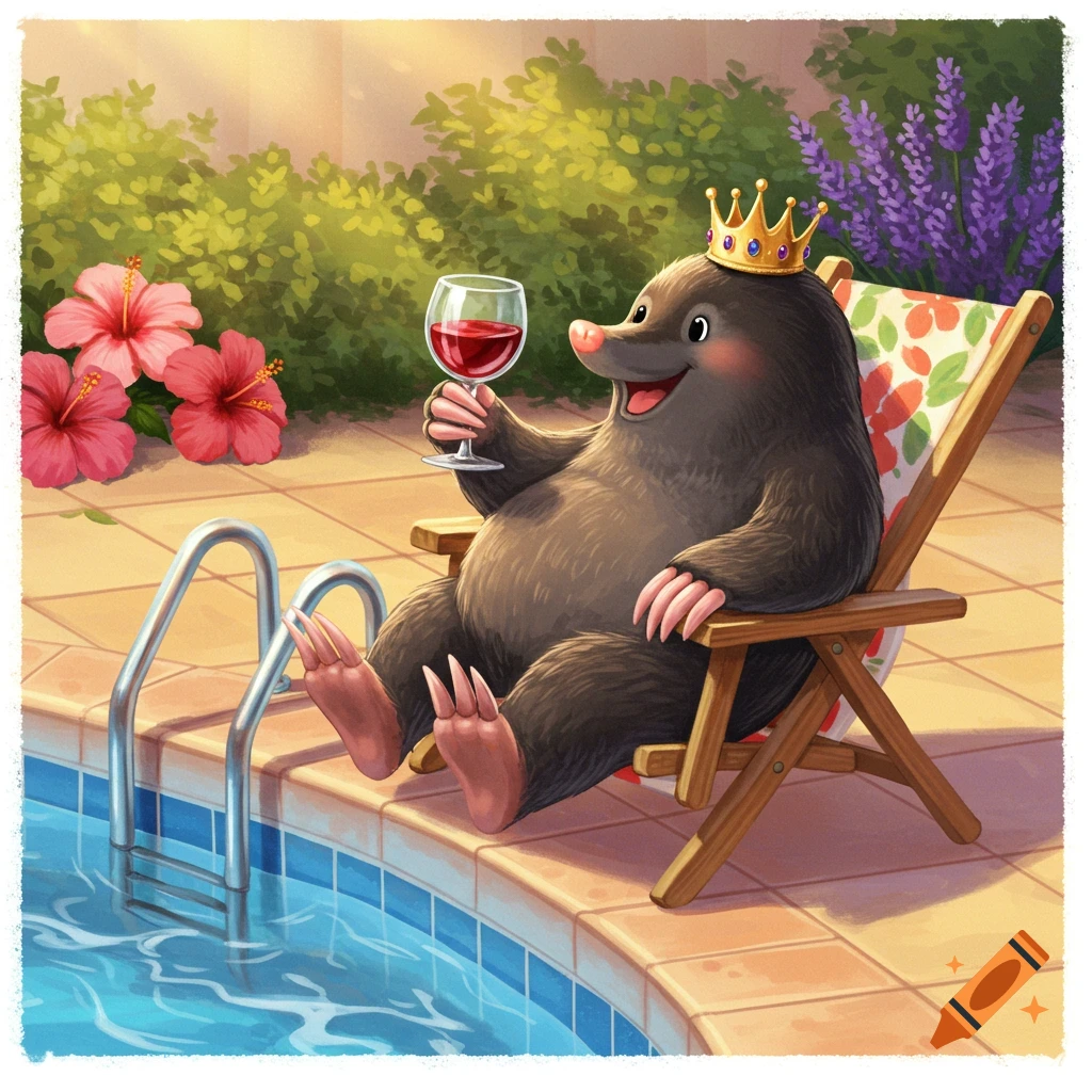 A cute, cartoon mole wearing a crown relaxes in a lounge chair by a swimming pool, holding a glass of red wine.