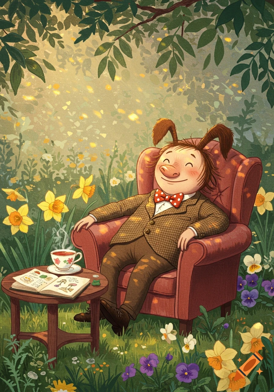 A smiling creature with floppy ears sits in a red armchair in a lush garden, sipping tea and reading a book. The scene is bathed in dappled sunlight.