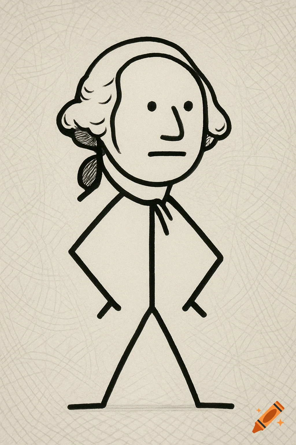 A black and white stick figure drawing of George Washington with his wig and a neutral expression, against a textured background.