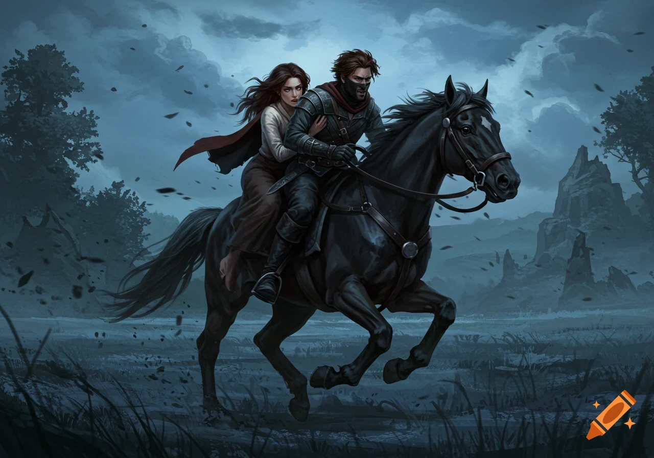 A man in dark attire and a woman with long brown hair ride a black horse through a stormy, desolate landscape.