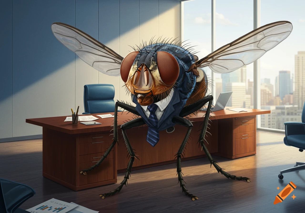 A giant anthropomorphic drain fly in a blue business suit and tie stands in a modern office with a cityscape view.