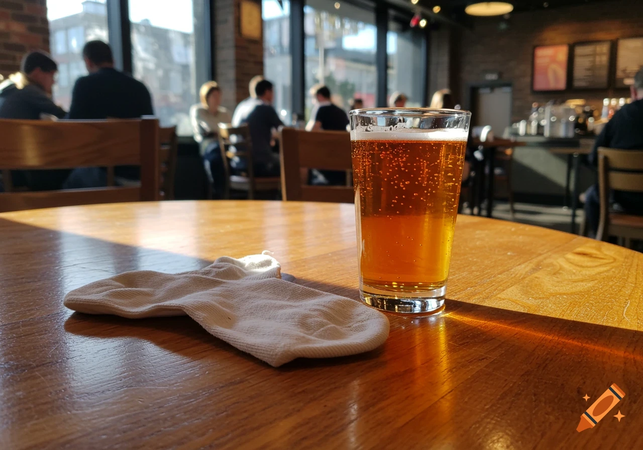 A white sock and a glass of beer sit on a sunlit wooden table in a bustling cafe.