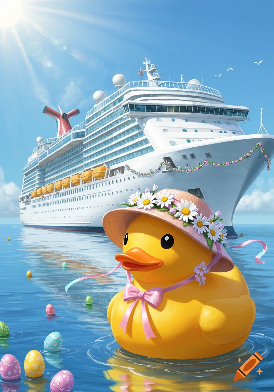A cartoon rubber duck with a flower hat and pink bow floats in water with Easter eggs, a large cruise ship behind it under a sunny sky.