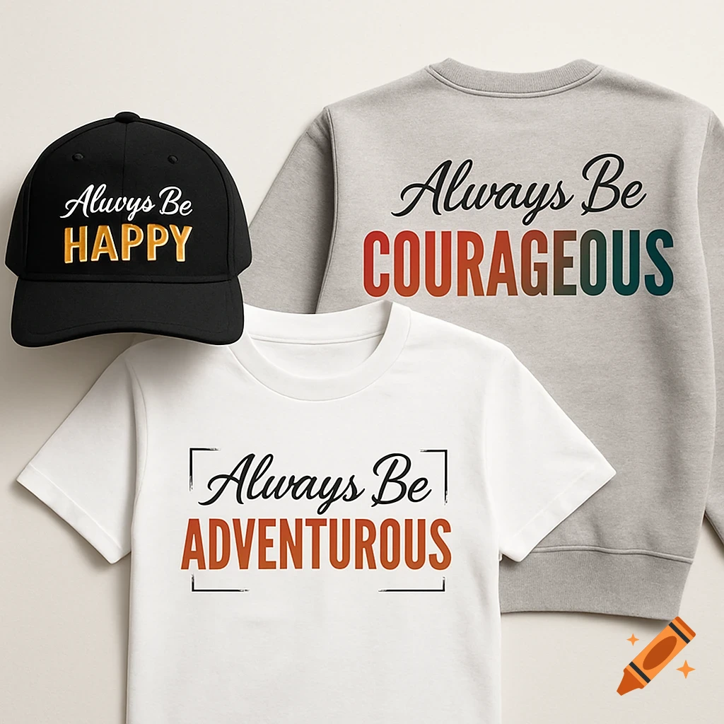 A black baseball cap, white t-shirt, and gray sweatshirt display motivational text in a studio shot. The cap reads "Alwuys Be HAPPY," the sweatshirt "Always Be COURAGEOUS," and the t-shirt "Always Be ADVENTUROUS."