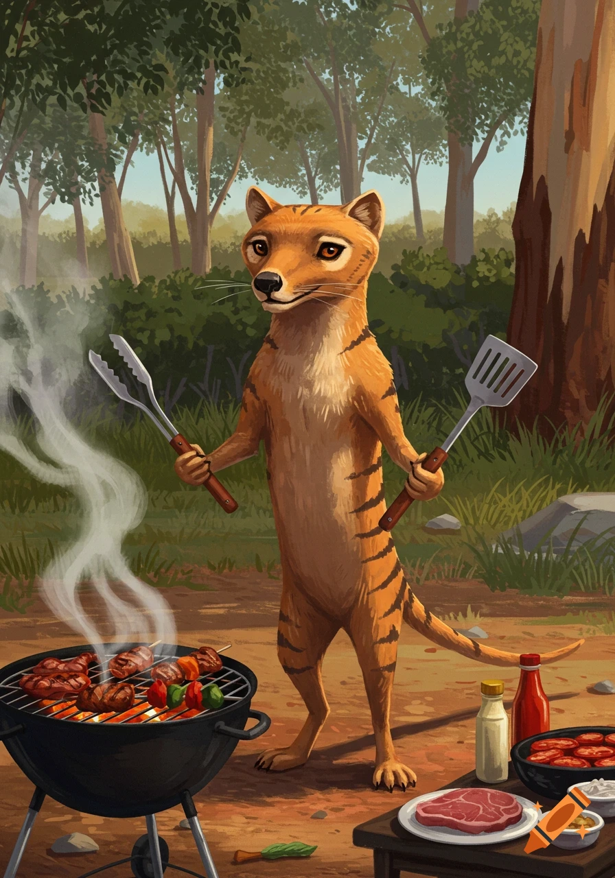 An anthropomorphic Tasmanian tiger grills food on a charcoal BBQ in a forest clearing, holding tongs and a spatula.