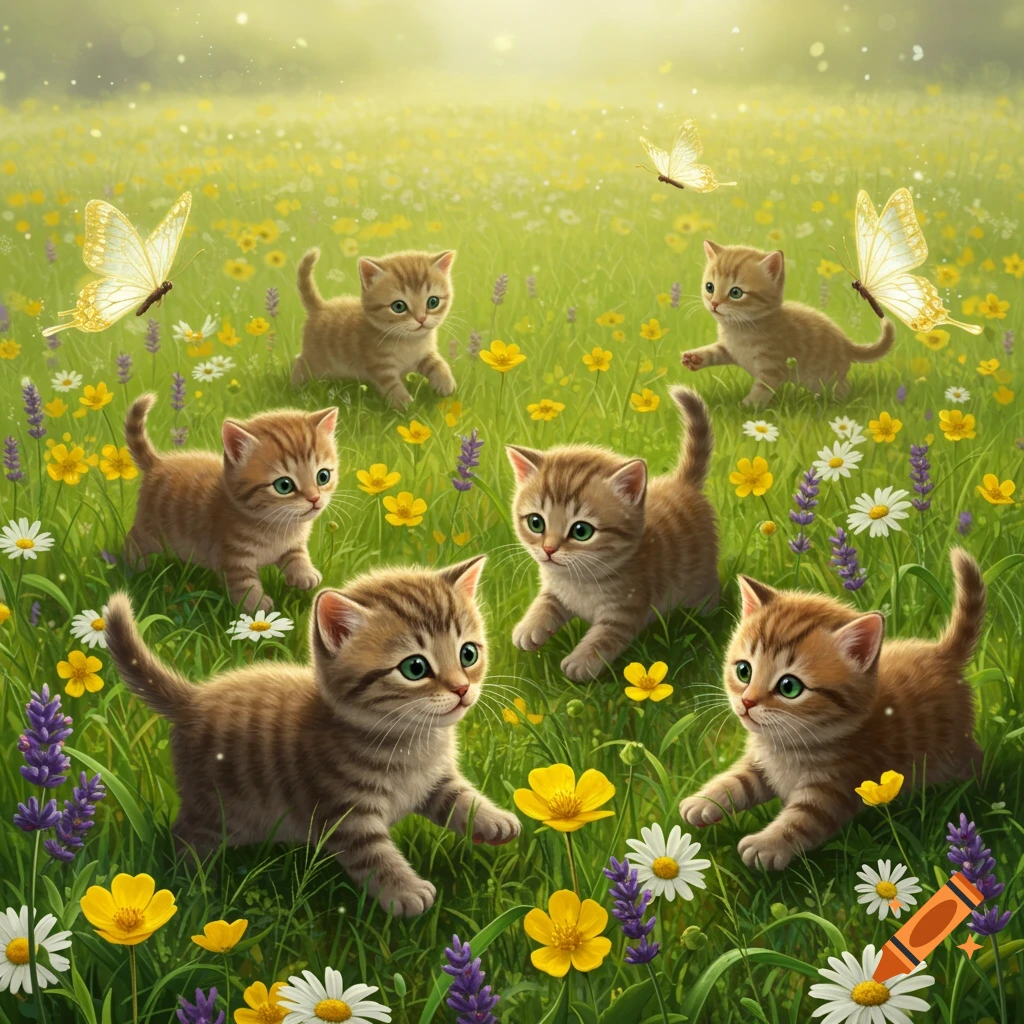 Six cute tabby kittens with green eyes playing in a vibrant meadow filled with yellow, white, and purple wildflowers and butterflies.