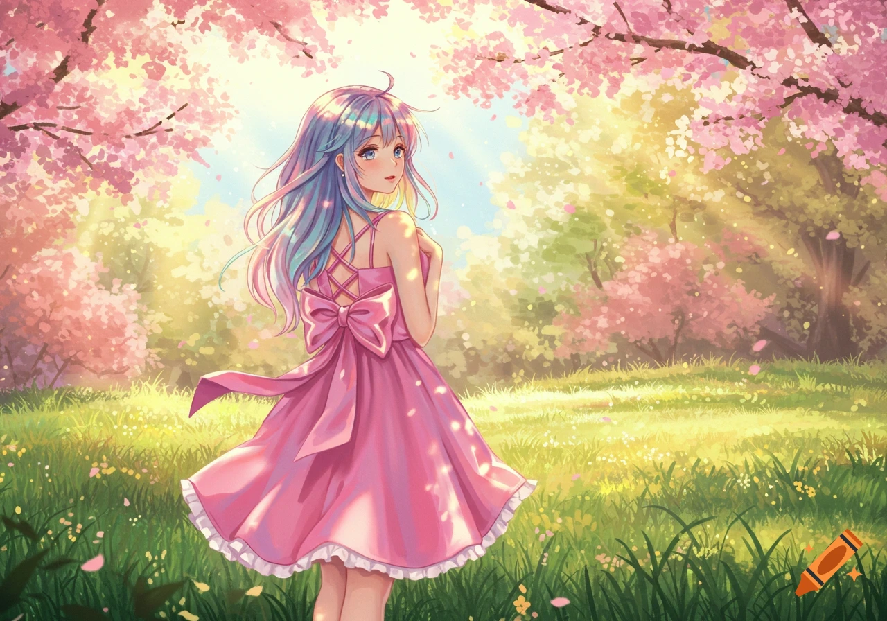 Anime girl in a pink dress with a bow, looking over her shoulder in a sunlit field with pink cherry blossom trees.