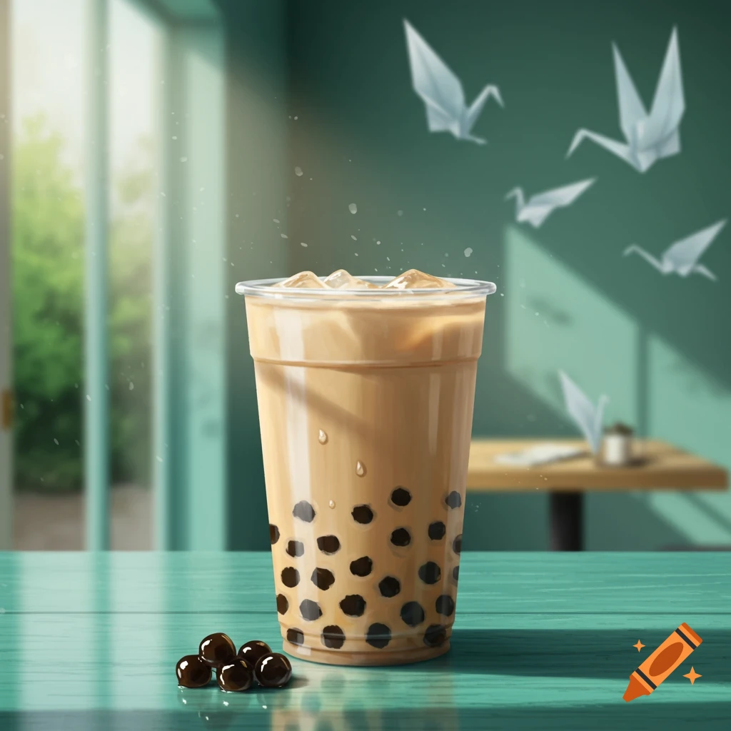 A cup of boba tea with tapioca pearls and ice sits on a teal table with origami cranes in the background. Digital art style.