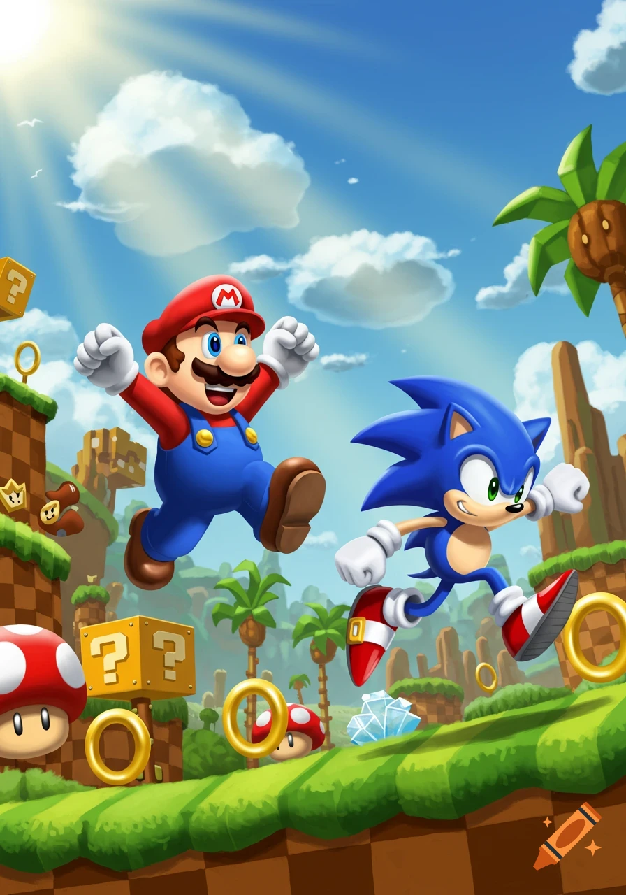 Mario jumping and Sonic running across a vibrant, sunny video game landscape with elements like question blocks, rings, and checkered hills.