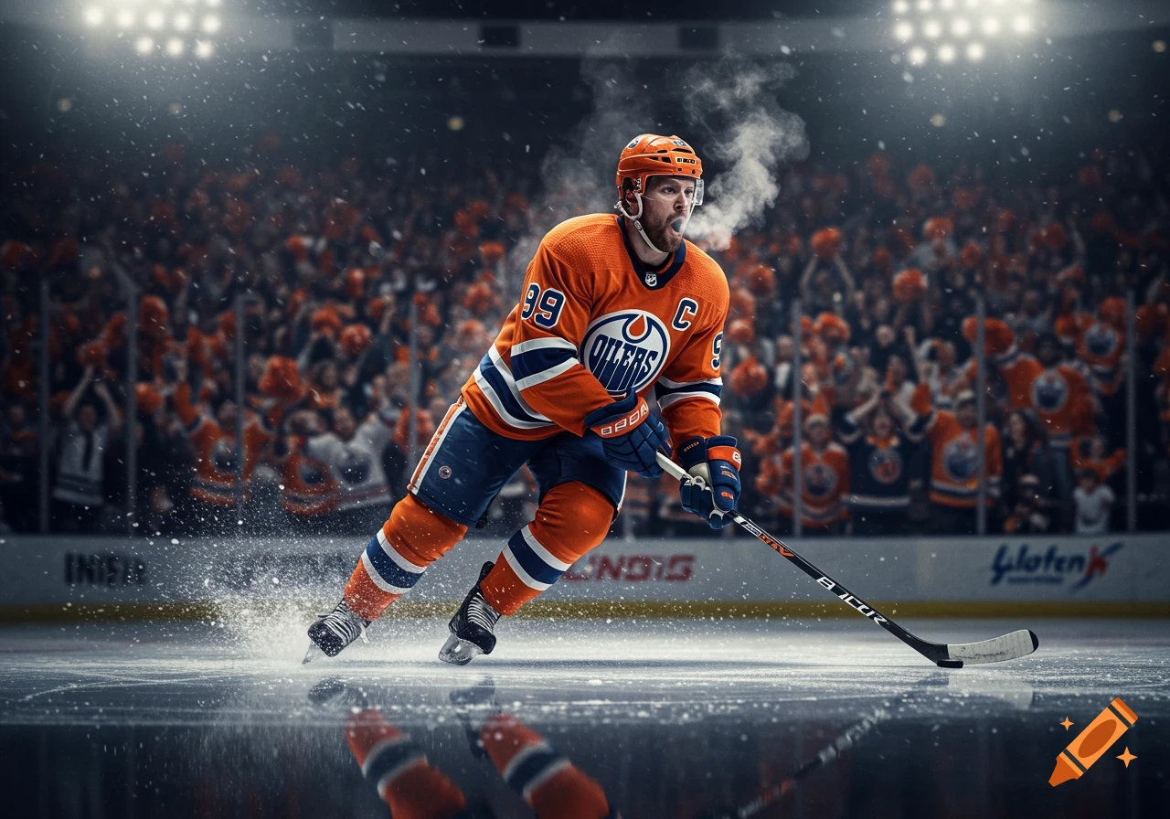 A hockey player in an orange and blue Oilers jersey with number 99 skates on ice during a game, with fans in the blurred background.
