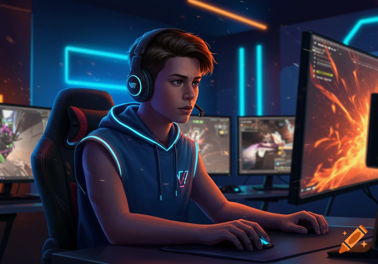 A teen boy with headphones and a sleeveless hoodie plays video games at a glowing desk with multiple monitors in a dark room.
