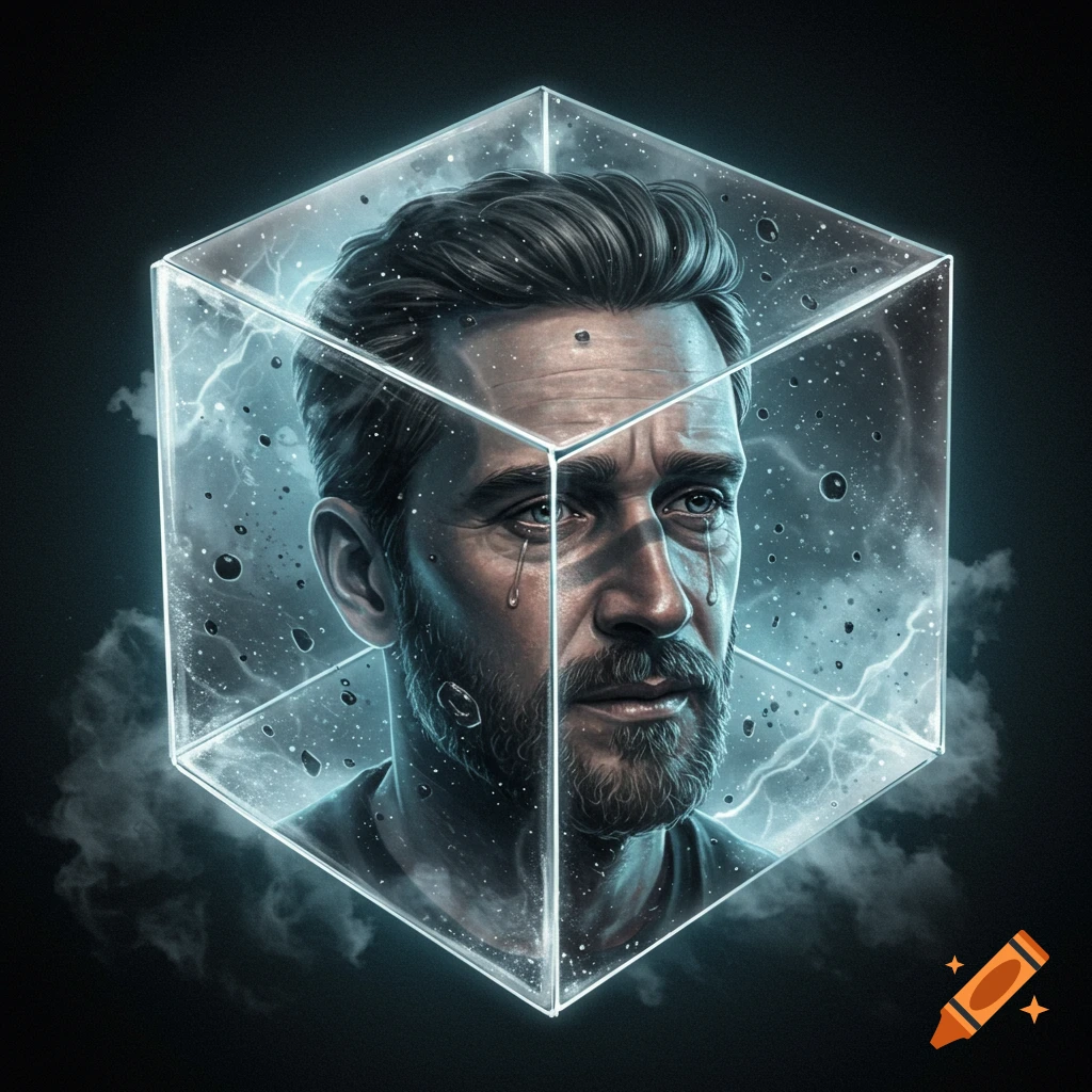 A man's head inside a glowing glass cube filled with water droplets and lightning, against a dark background, in a digital art style.