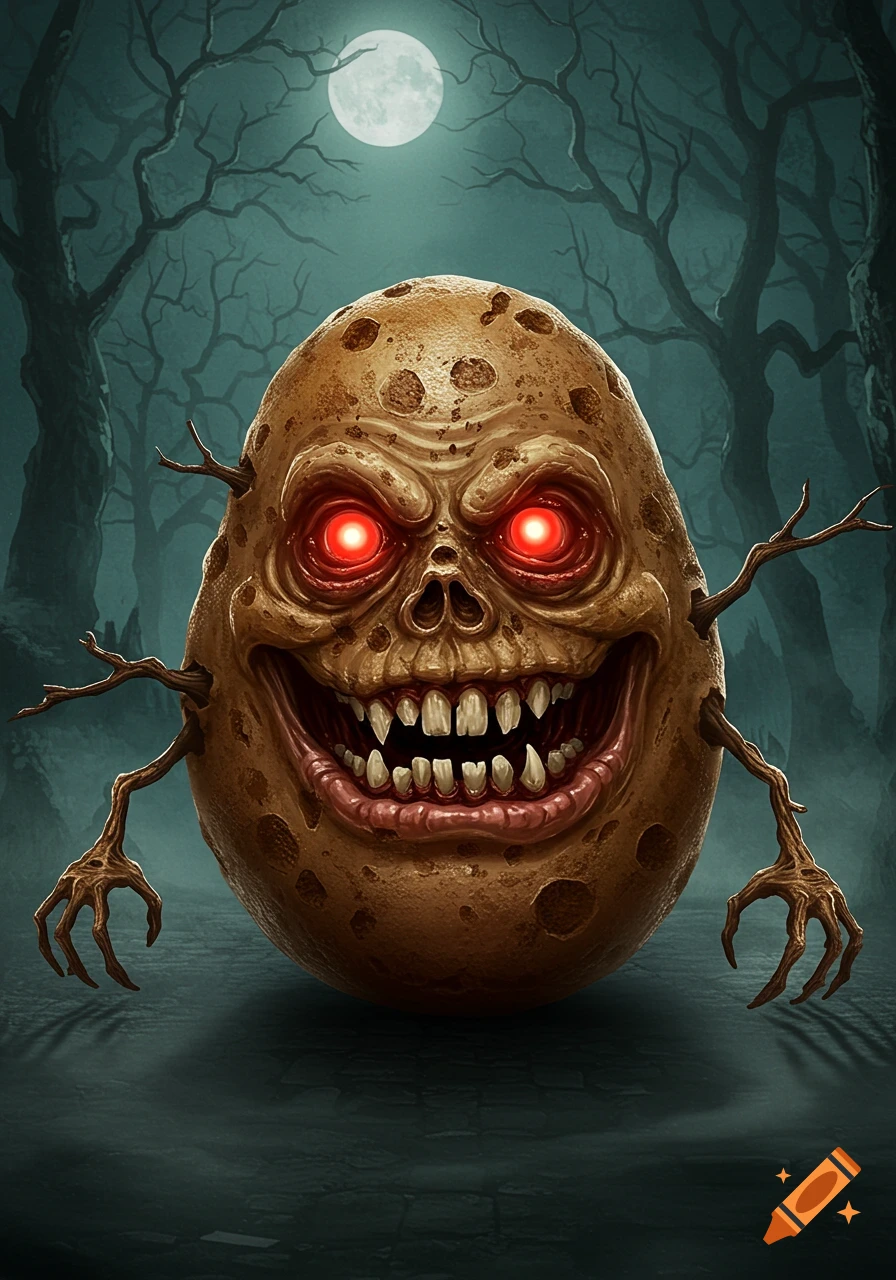 A monstrous potato creature with glowing red eyes and sharp teeth stands in a dark, creepy forest under a full moon, in a stylized, horror art style.
