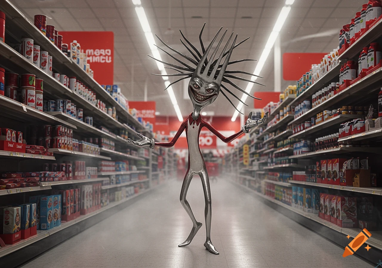 A creepy, slender, metallic fork-headed monster with a wide grin and red and white clothing stands in a supermarket aisle.