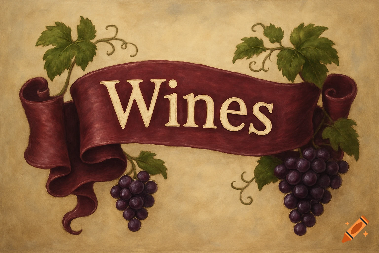 A rustic banner with the word 'Wines' in gold letters, flanked by clusters of purple grapes and green leaves, on a light brown background.